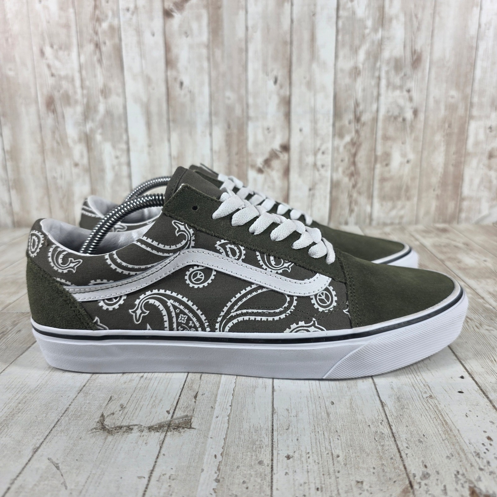 Vans Old Skool Paisley Olive Green White Suede Canvas Sneakers Mens 10.5 751505